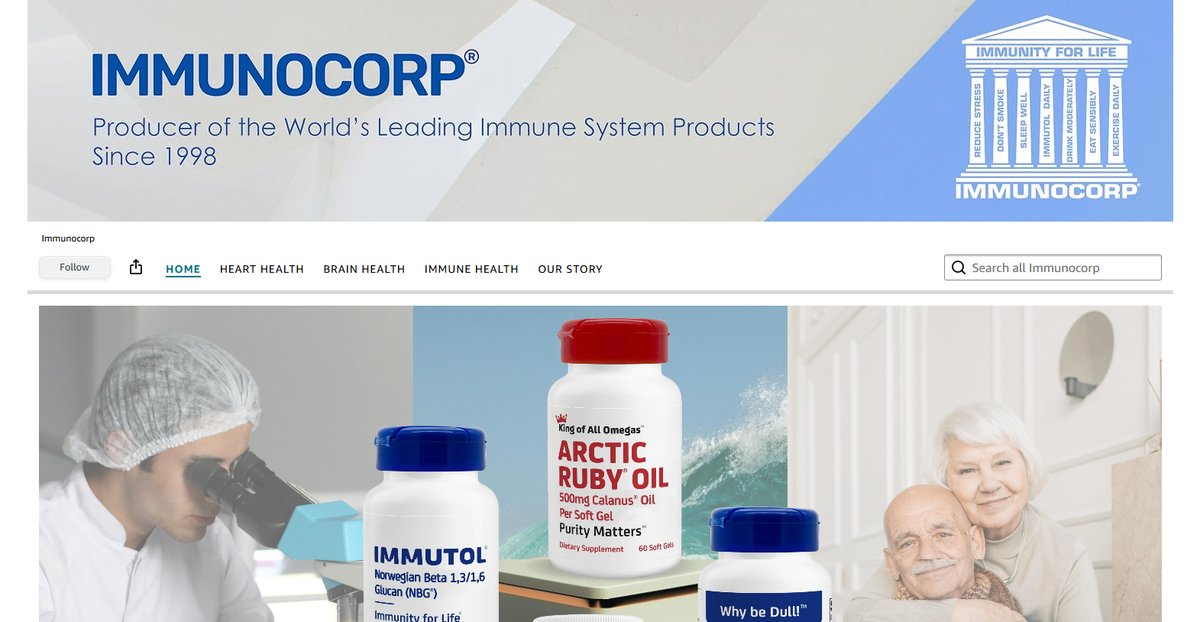 The Immunocorp Amazon storefront, with a branded banner and shop-by-category sections